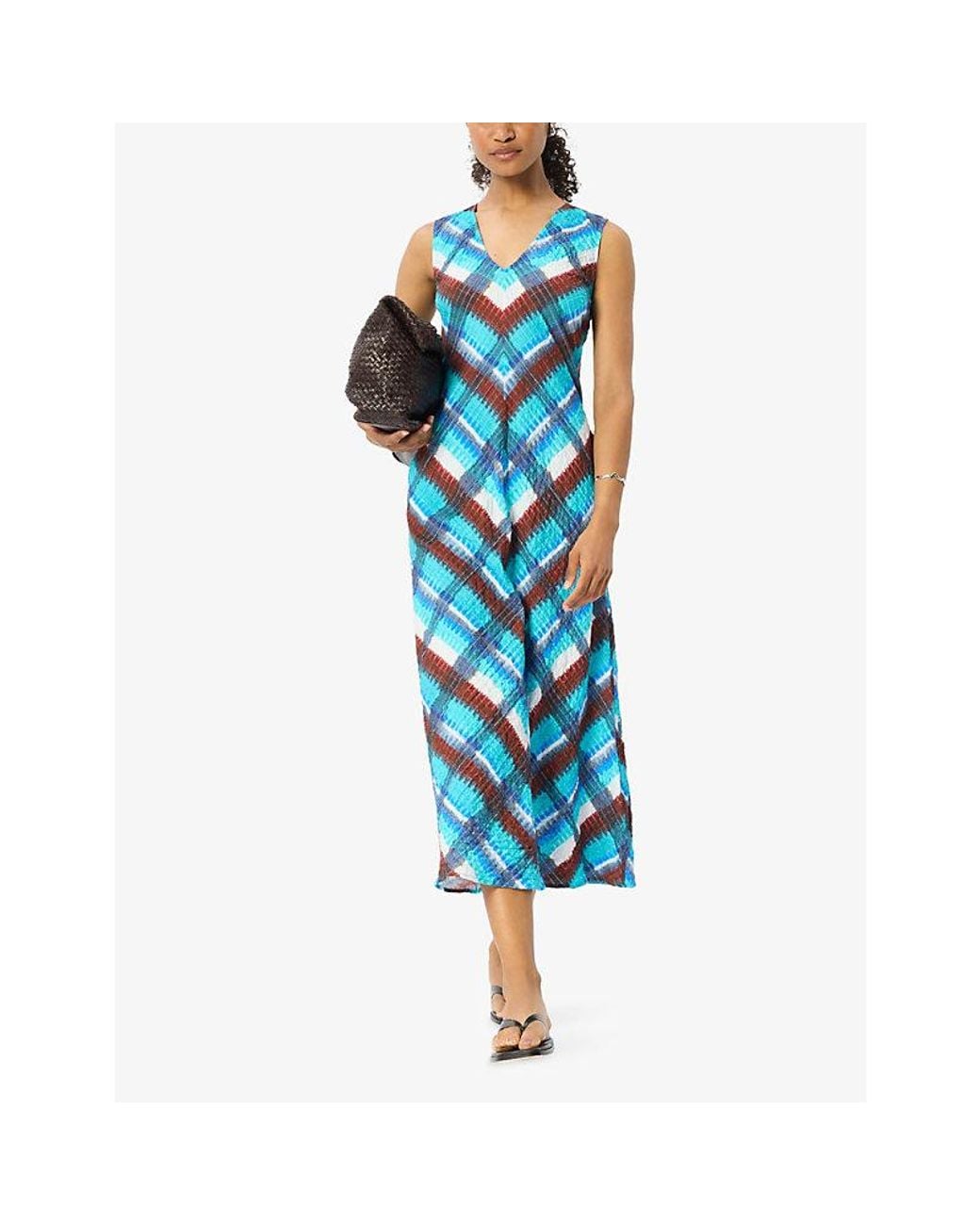 Whistles Blue Checked V-Neck Cotton Midi Dress