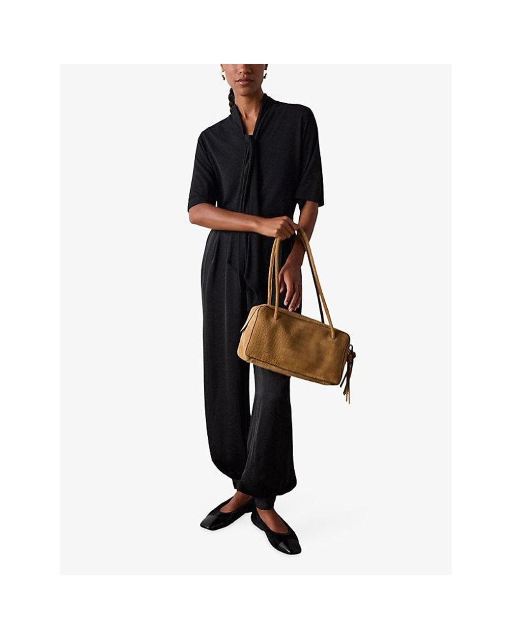 Whistles Black Tie-Neck Short-Sleeve Jersey Top