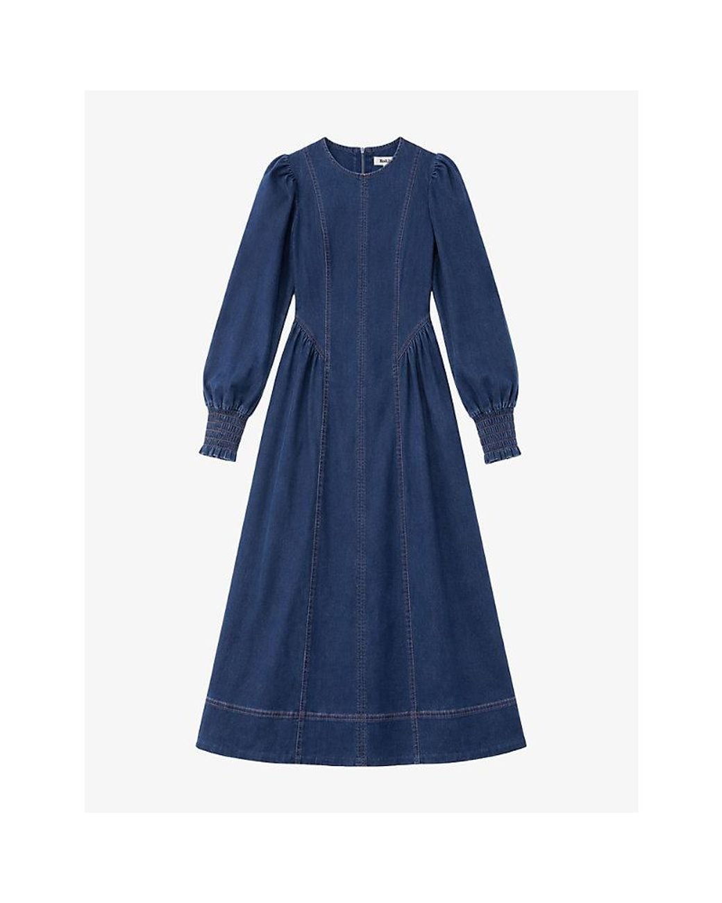 Ro&zo Blue Gathered Long-Sleeve Stretch-Denim Midi Dress