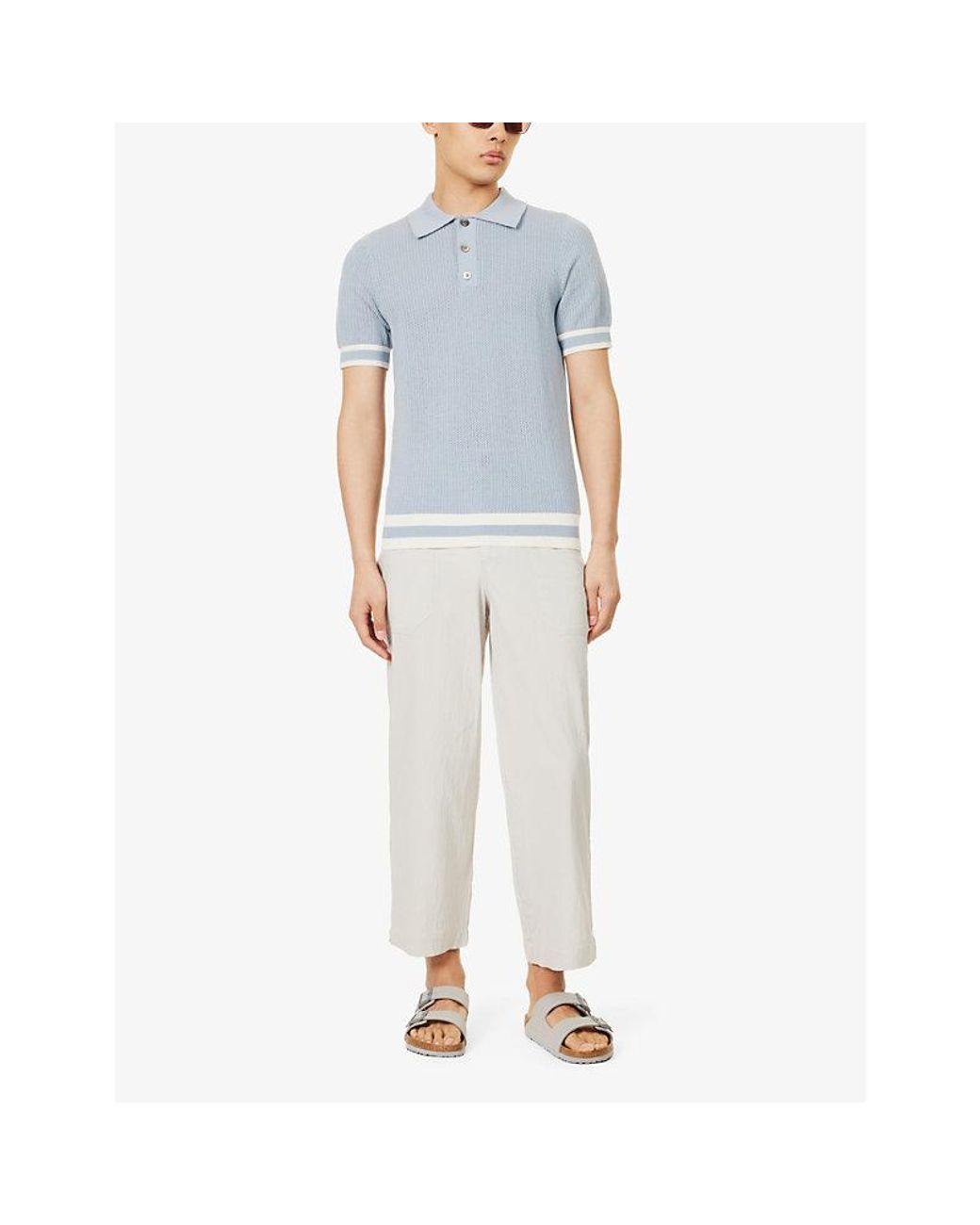 CHE Blue Quinn Stripe-Trimmed Cotton-Knit Polo Shirt for men