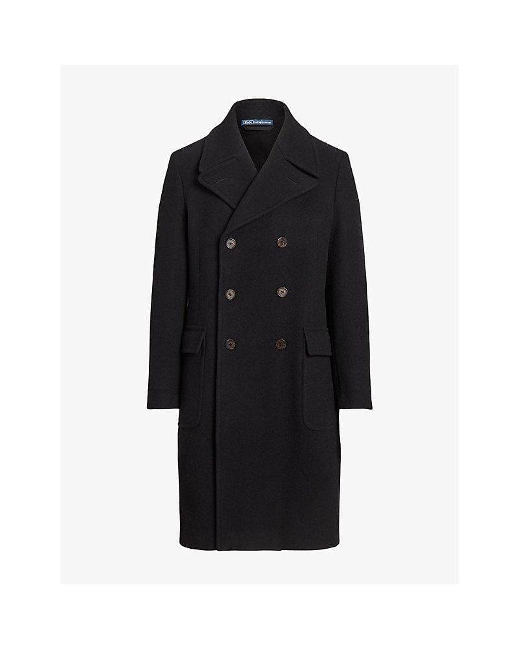 Polo Ralph Lauren Black Double-Breasted Notched-Lapel Wool Blend Coat for men
