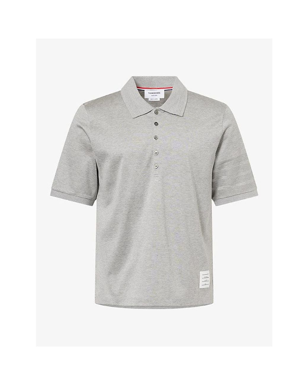 Thom Browne Gray Striped-Sleeve Brand-Patch Cotton Polo Shirt for men