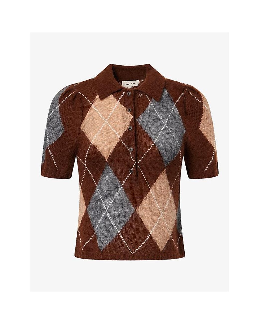 ME+EM Brown Argyle-Pattern Puff-Sleeve Wool-Blend Cardigan