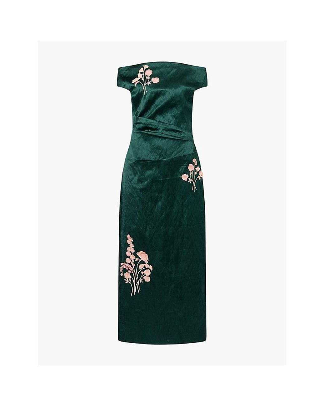 Erdem Green Floral-Embroidered Satin Maxi Dress