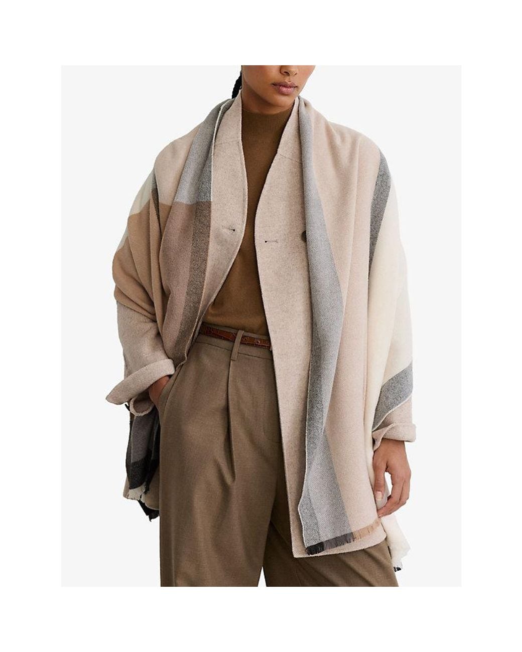 Reiss Gray Cora Checked Wool-Blend Scarf
