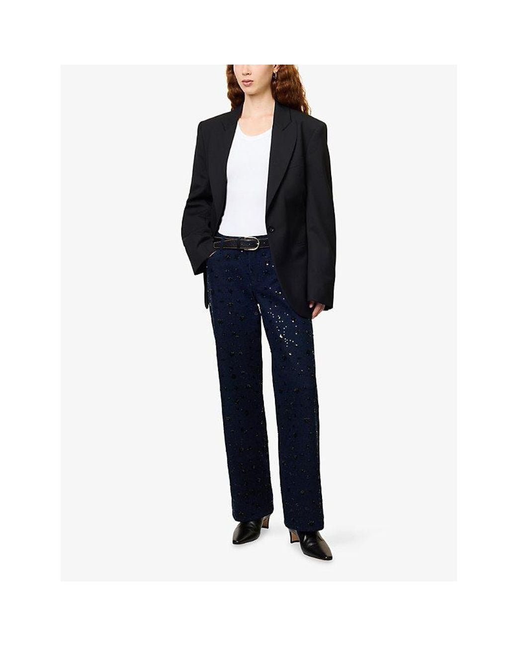 FRAME Blue Embellished Saturday Straight-Leg Low-Rise Denim Jeans