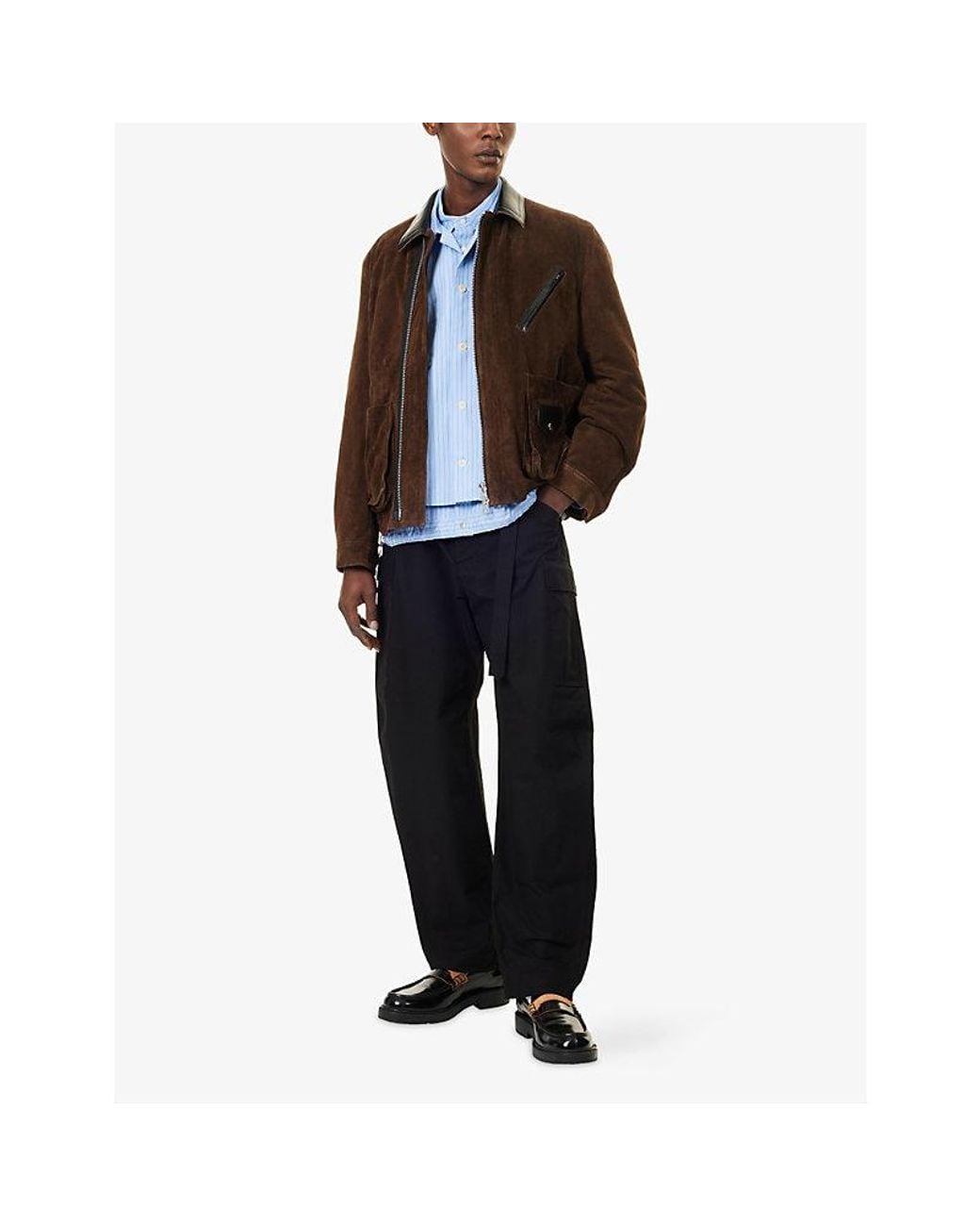 Sacai Brown Contrast-Collar Suede Jacket for men