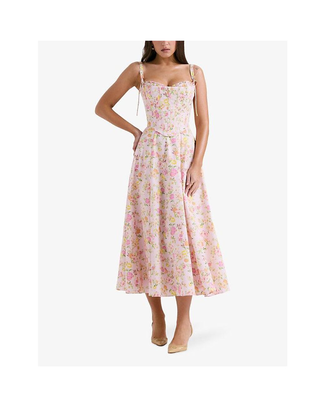House Of Cb Pink Clarabelle Corseted Floral-Print Stretch-Woven Midi Dress