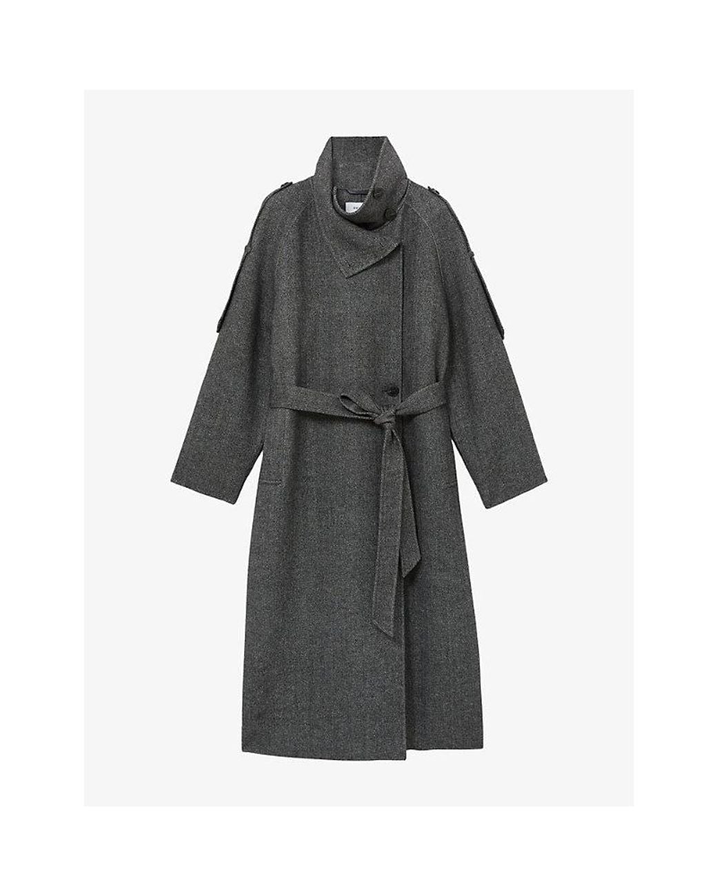 Reiss Black Martina Funnel-Neck Wool-Blend Coat