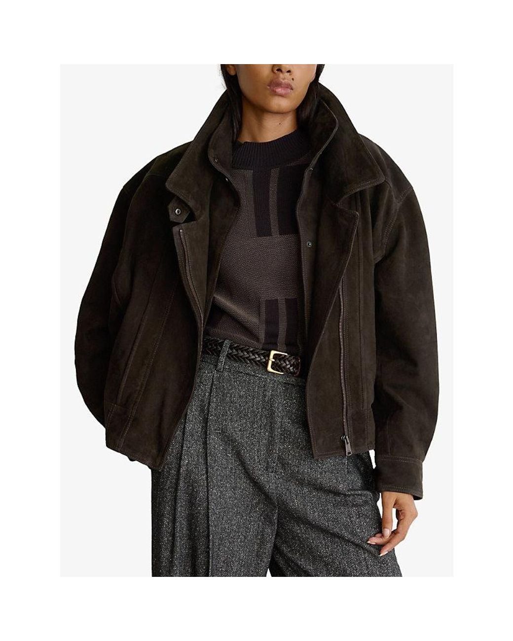 Reiss Black Noa Double-Layer Suede Jacket