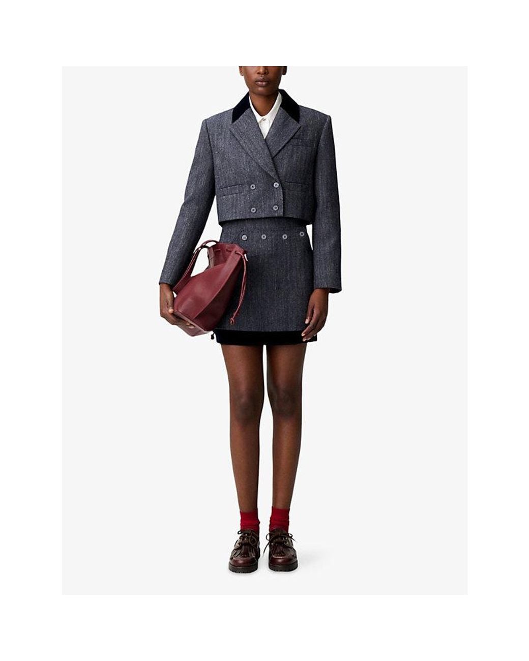 Claudie Pierlot Black Double-Breasted Cropped Wool-Blend Jacket