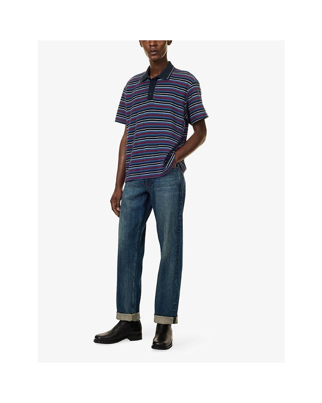 Rag & Bone Blue Stripe Pique Short-Sleeve Polo Knit Shirt for men