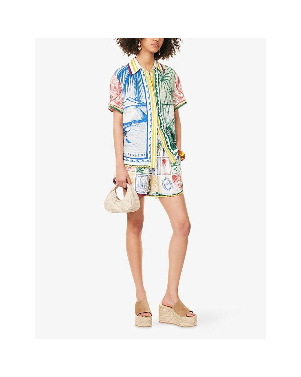 Farm Rio White Brasil Vintage Embroidered-Trim Linen-Blend Shorts