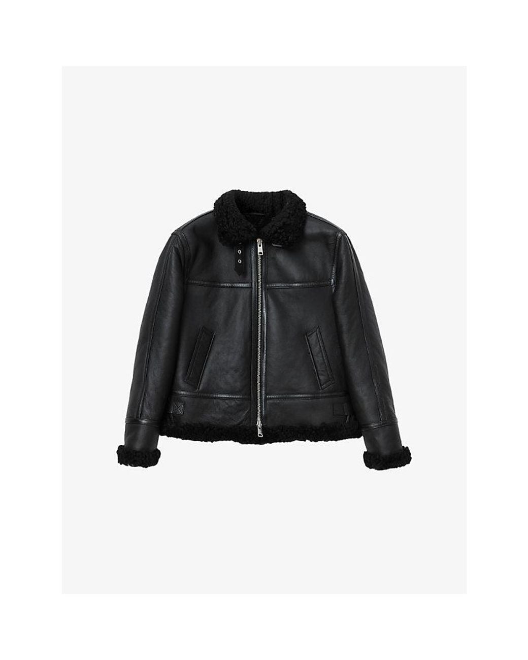 AllSaints Black Lorel Wool-Trim Regular-Fit Sheepskin Jacket