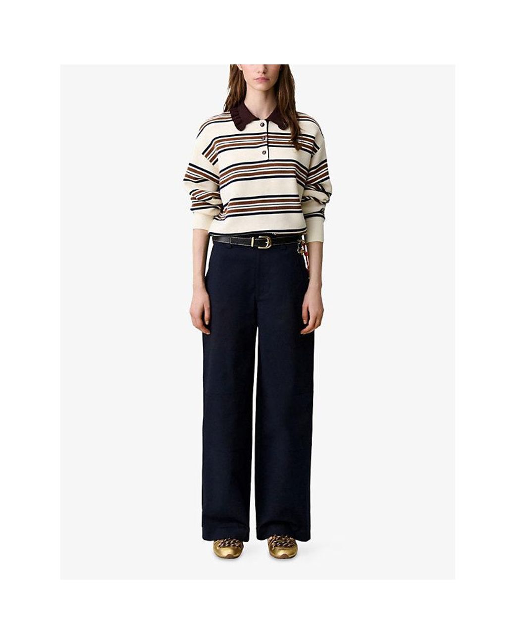 Claudie Pierlot White Oversized Striped Knitted Polo Jumper