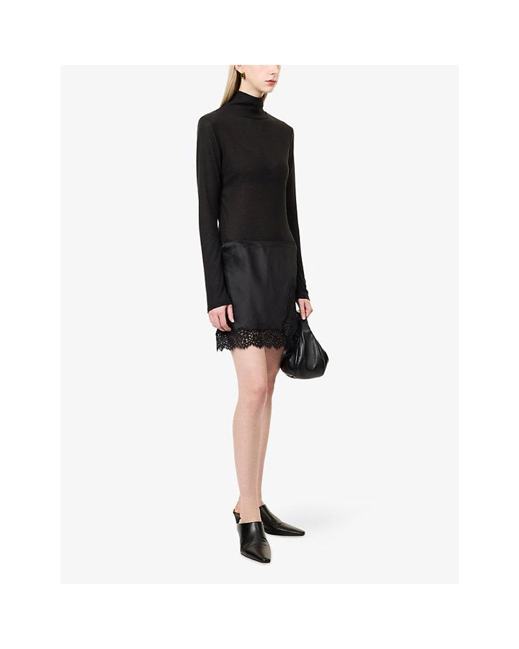 GOOD AMERICAN Black The Sheer Rib Woven Knit Turtleneck