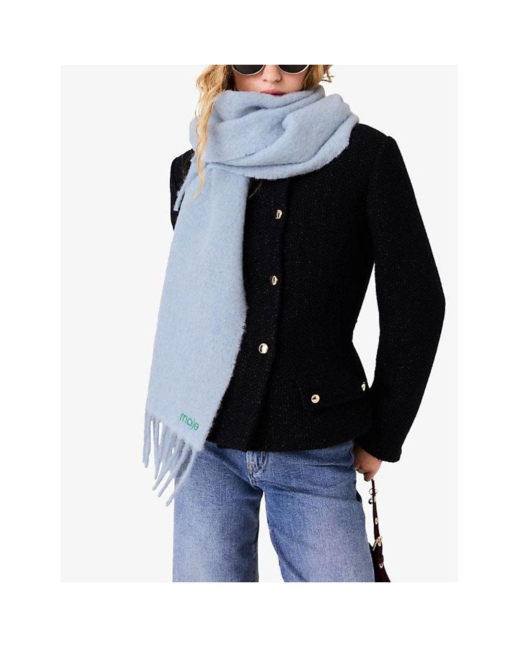 Maje Blue Fringed Logo-Embroidered Wool And Alpaca Scarf