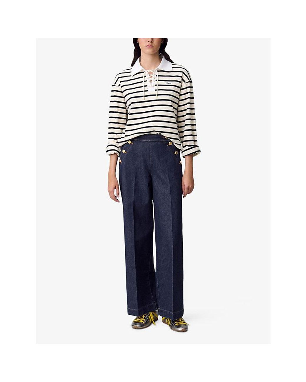 Claudie Pierlot Blue Button-Embellished Wide-Leg Mid-Rise Jeans