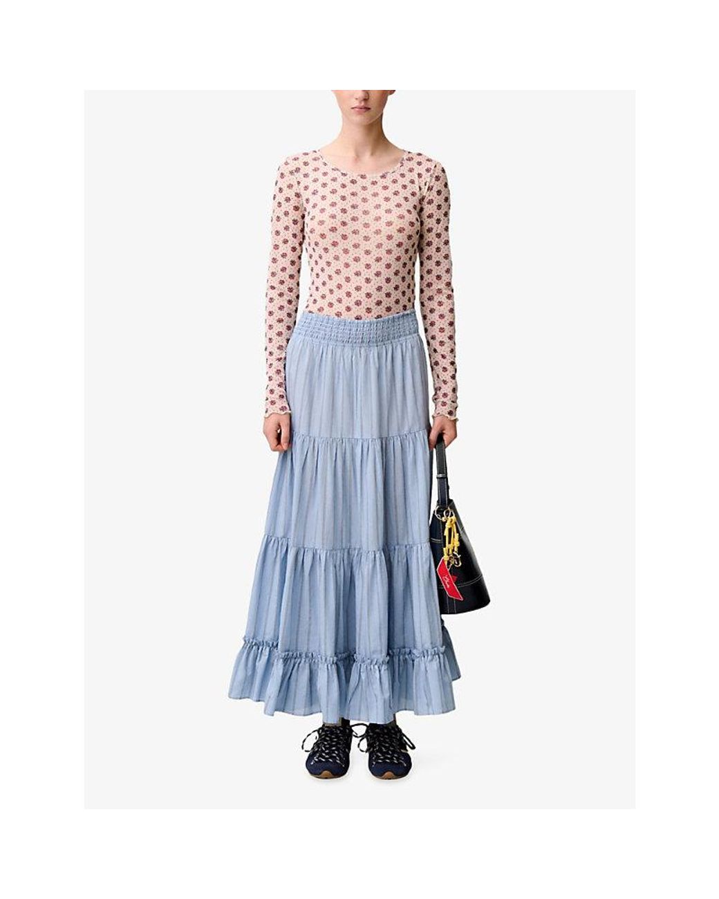 Claudie Pierlot Blue Striped Tiered Modal-Blend Maxi Skirt