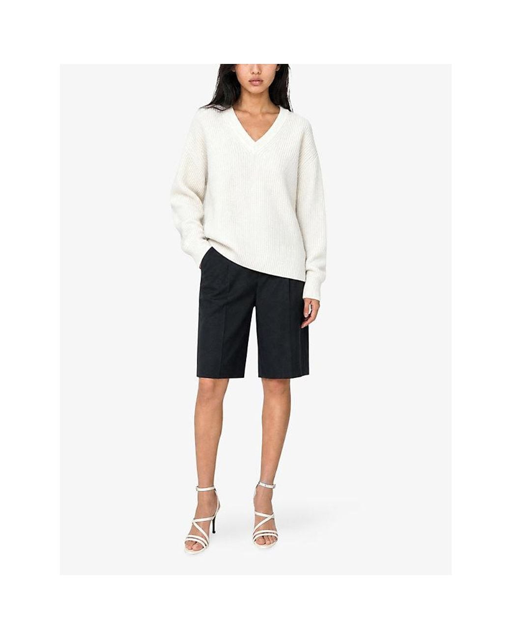 The Kooples White Ribbed V-Neck Wool Jumper