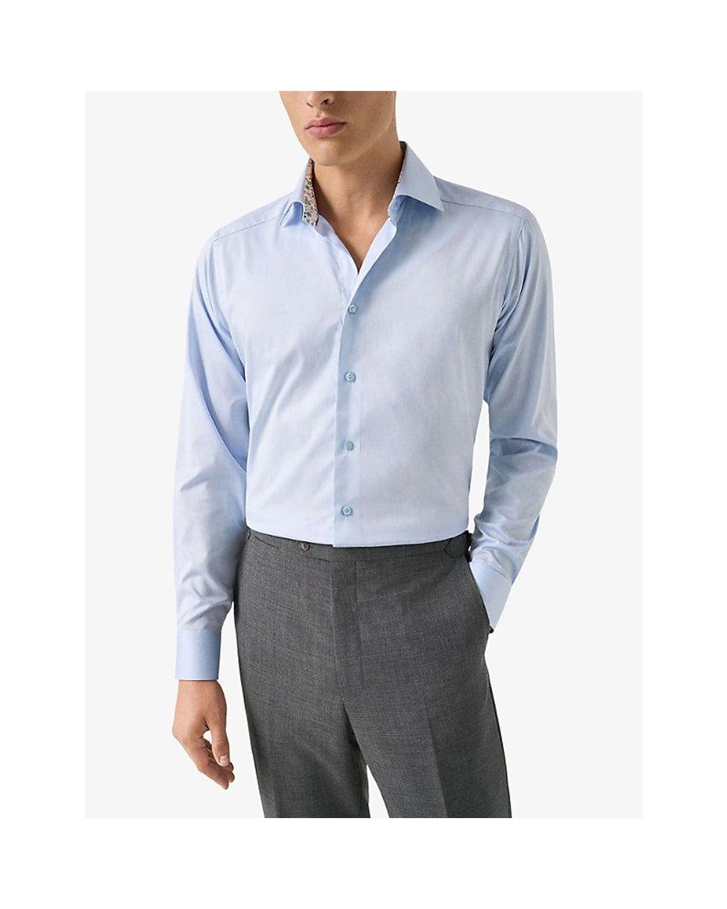 Eton of Sweden Blue Floral-Trim Contemporary-Fit Cotton-Twill Shirt for men