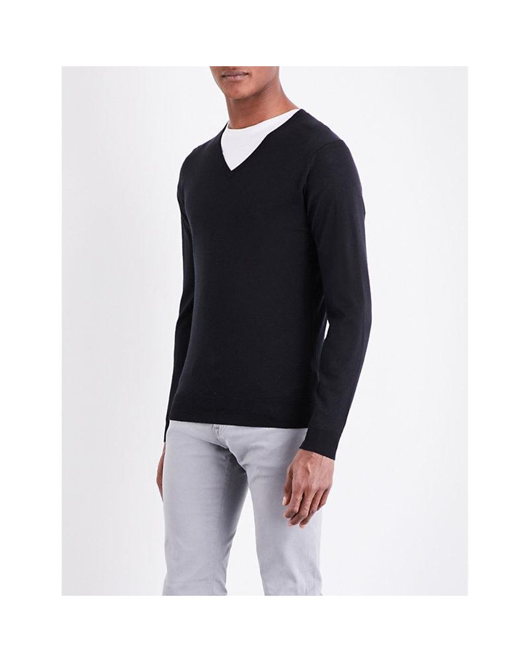 John Smedley Blue Blenheim V-Neck Wool Jumper for men