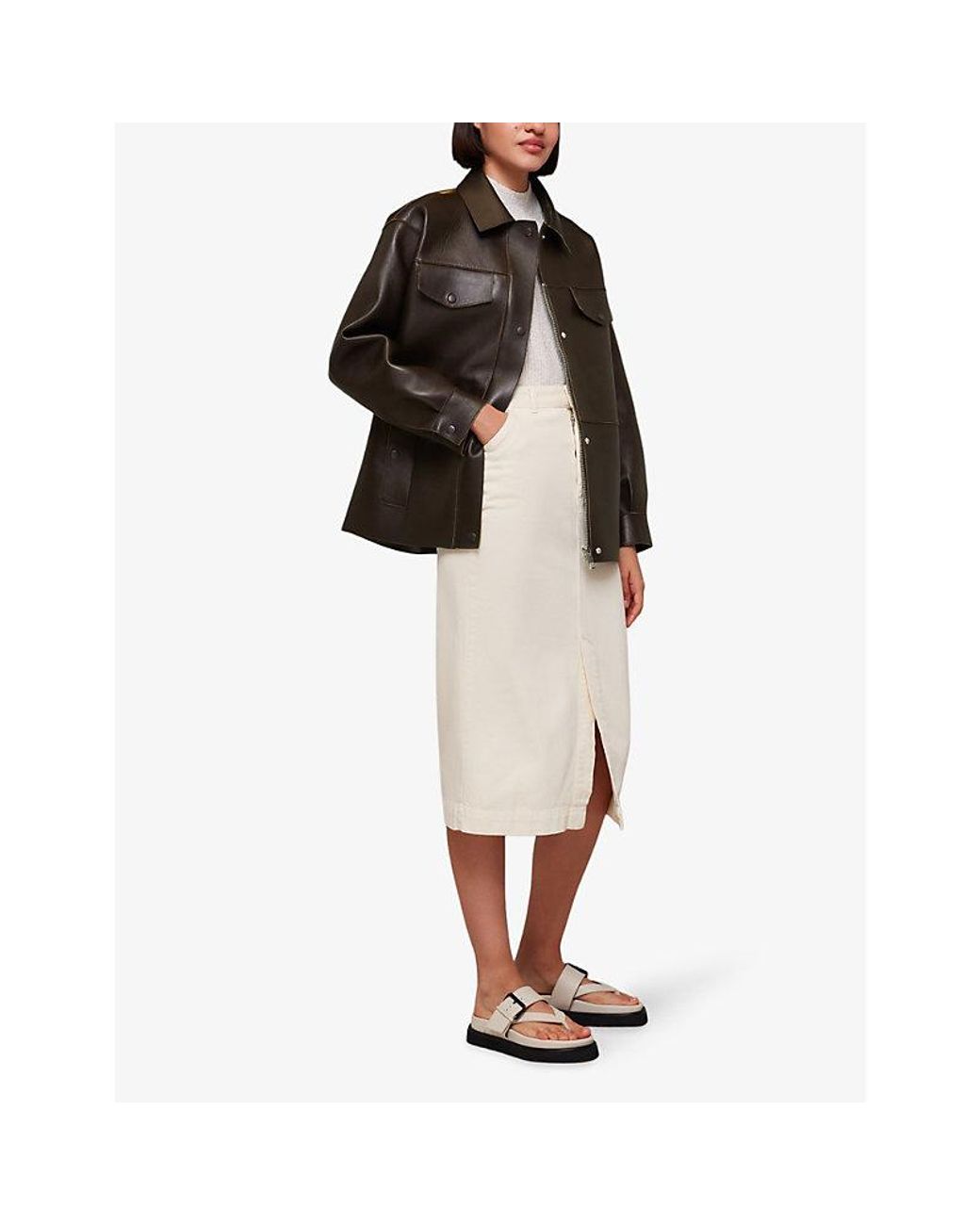 Whistles Brown Oversized-Fit Bonded Leather Jacket