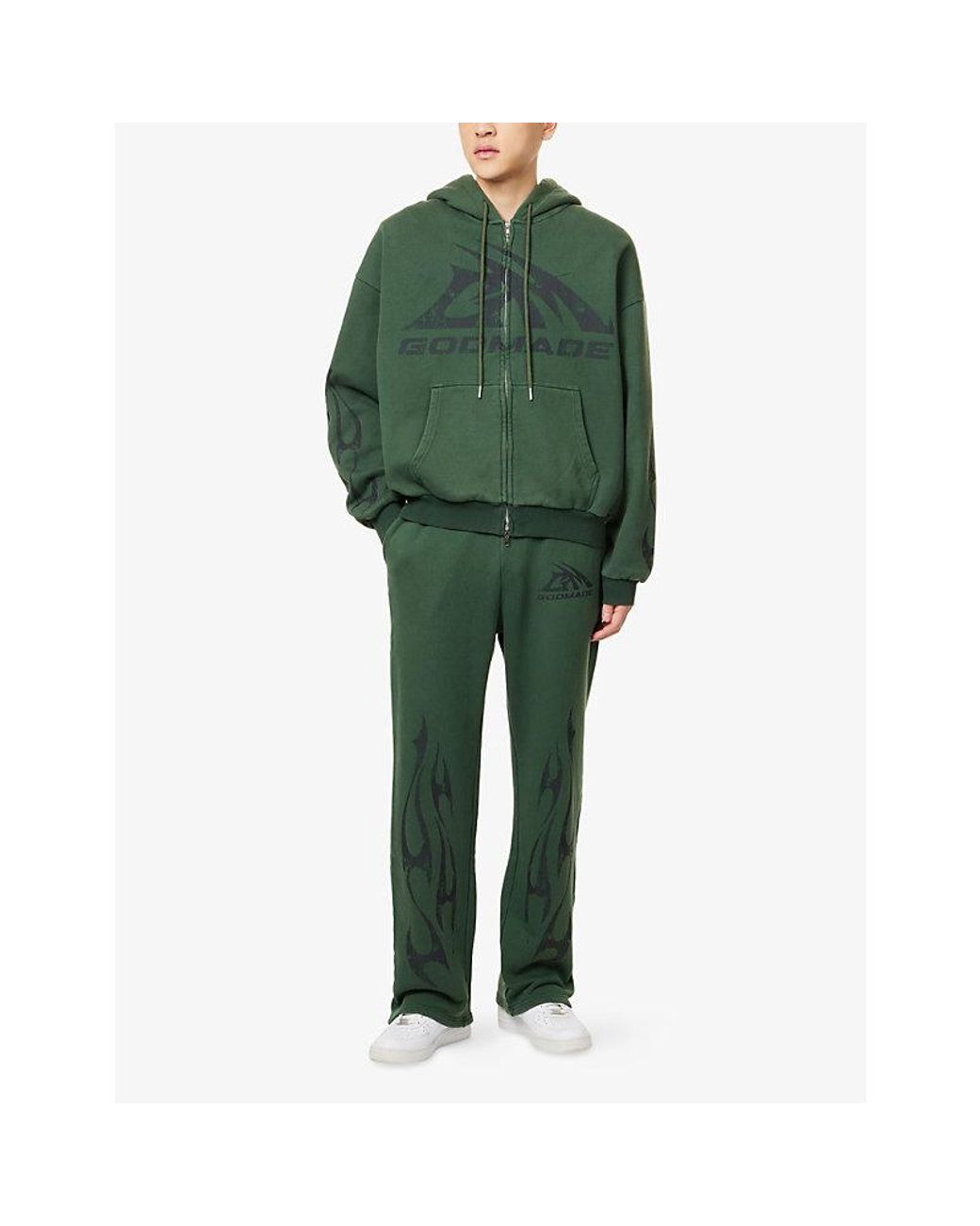 GODMADE Green Brand-Print Washed Cotton-Jersey Hoodie for men