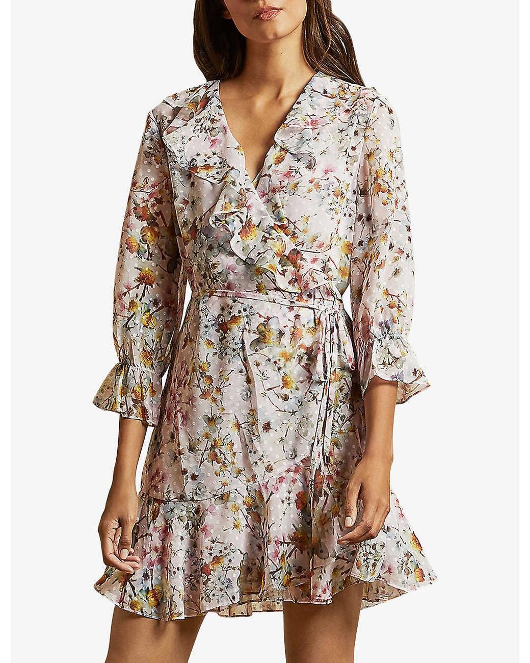 Ted Baker Gracye Jasmine-print Ruffle Crepe Wrap Dress in Pink | Lyst