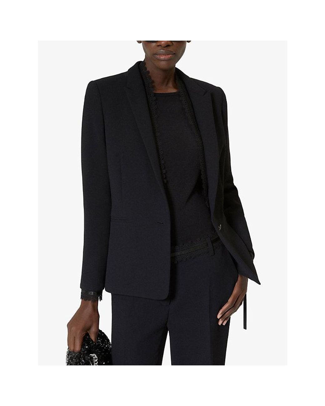 The Kooples Black Single-Breasted Lace-Trim Woven Blazer