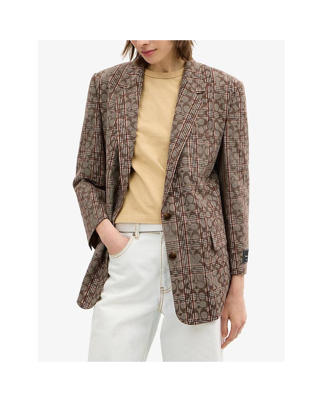 COACH Brown Signature C Plaid Single-Breasted Woven Blazer