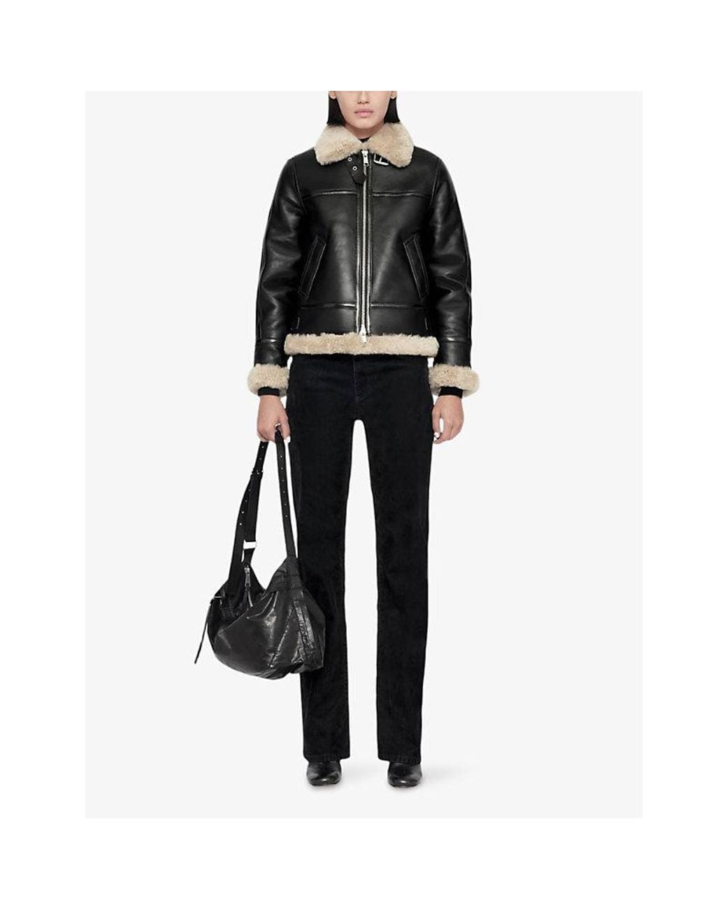 AllSaints Black Lennox Shearling-Trim Leather Jacket