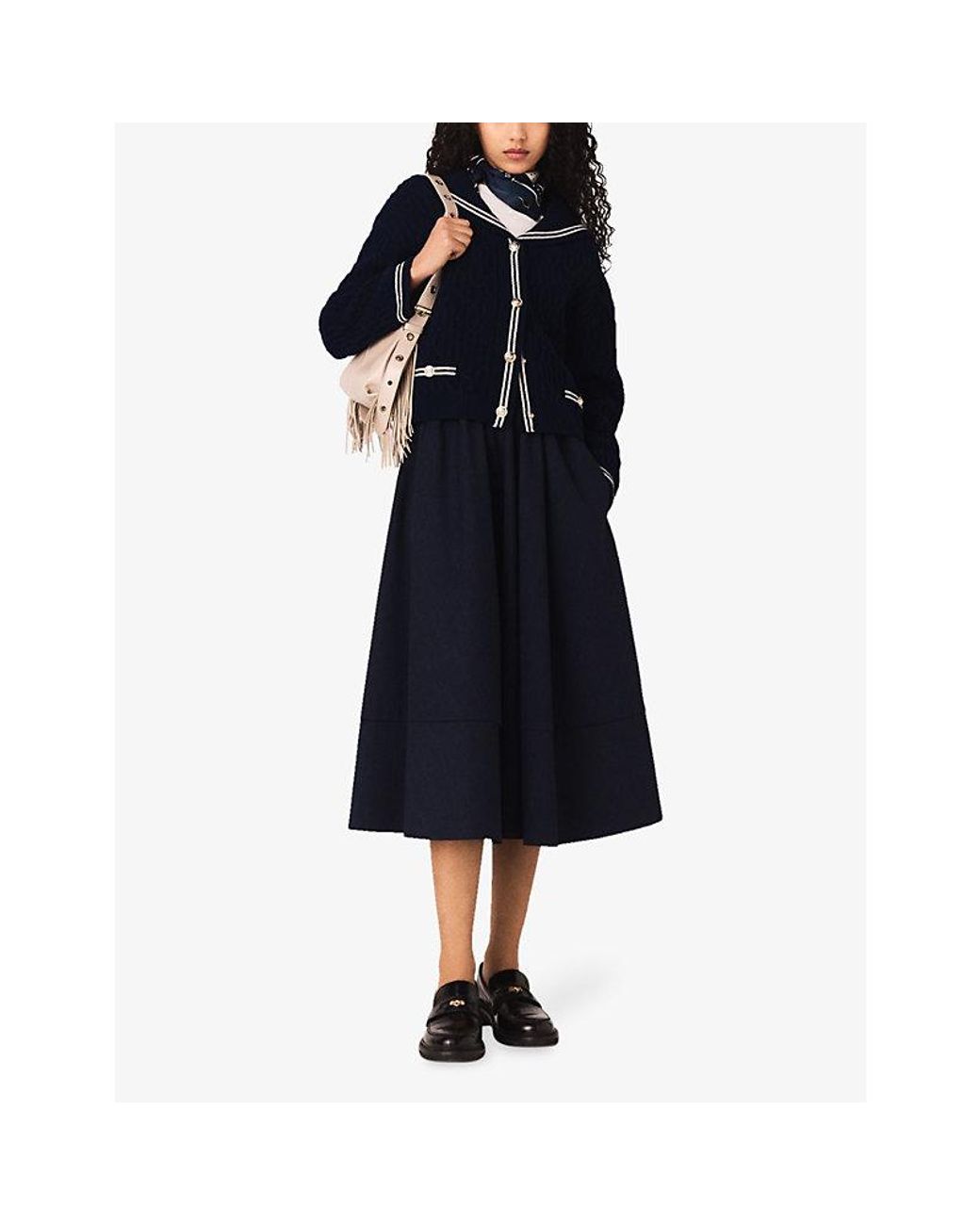 Maje Blue Pleated Elasticated-Waist Wool-Blend Midi Skirt