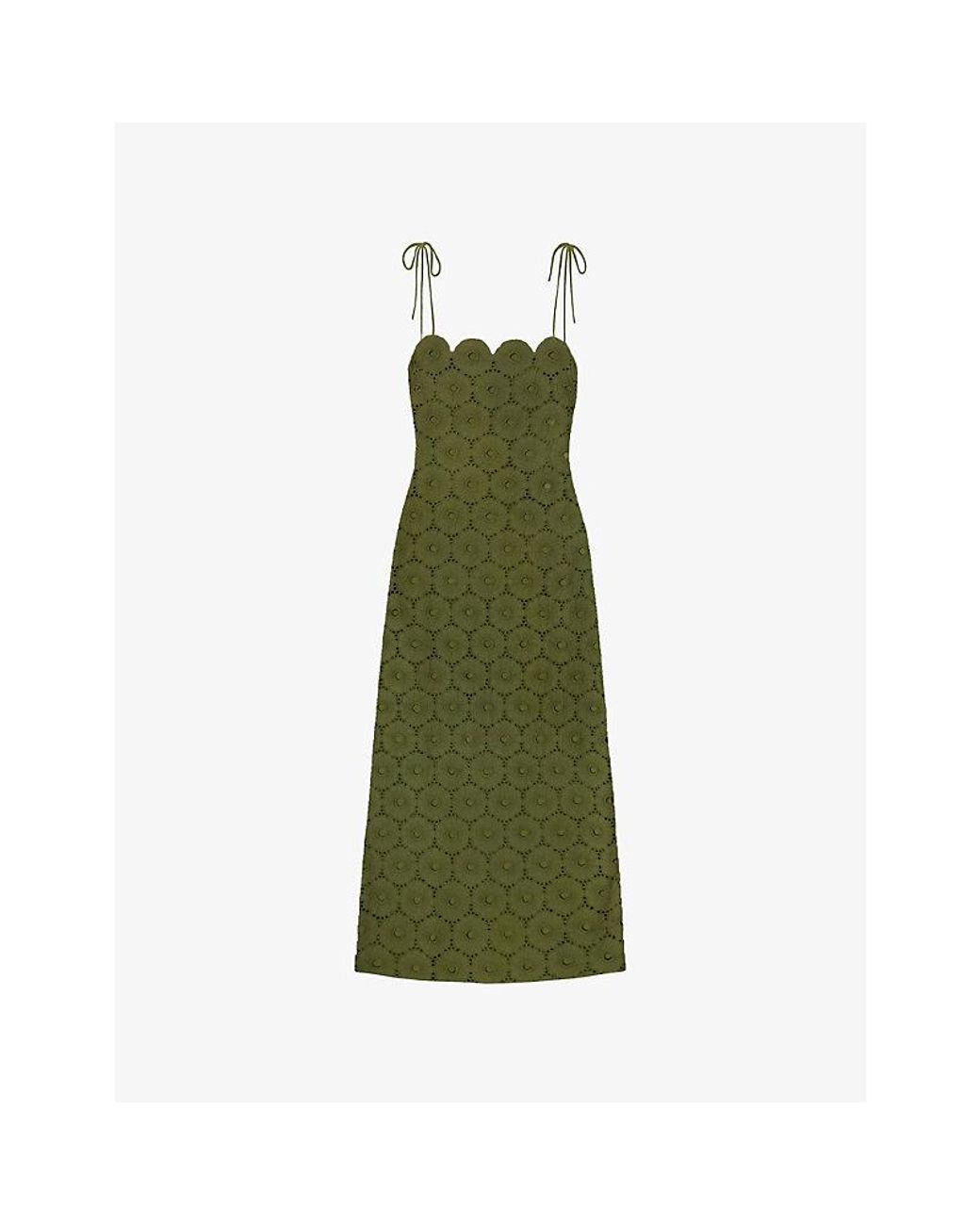 Ro&zo Green Broderie Tie-Shoulder Cotton Midi Dress