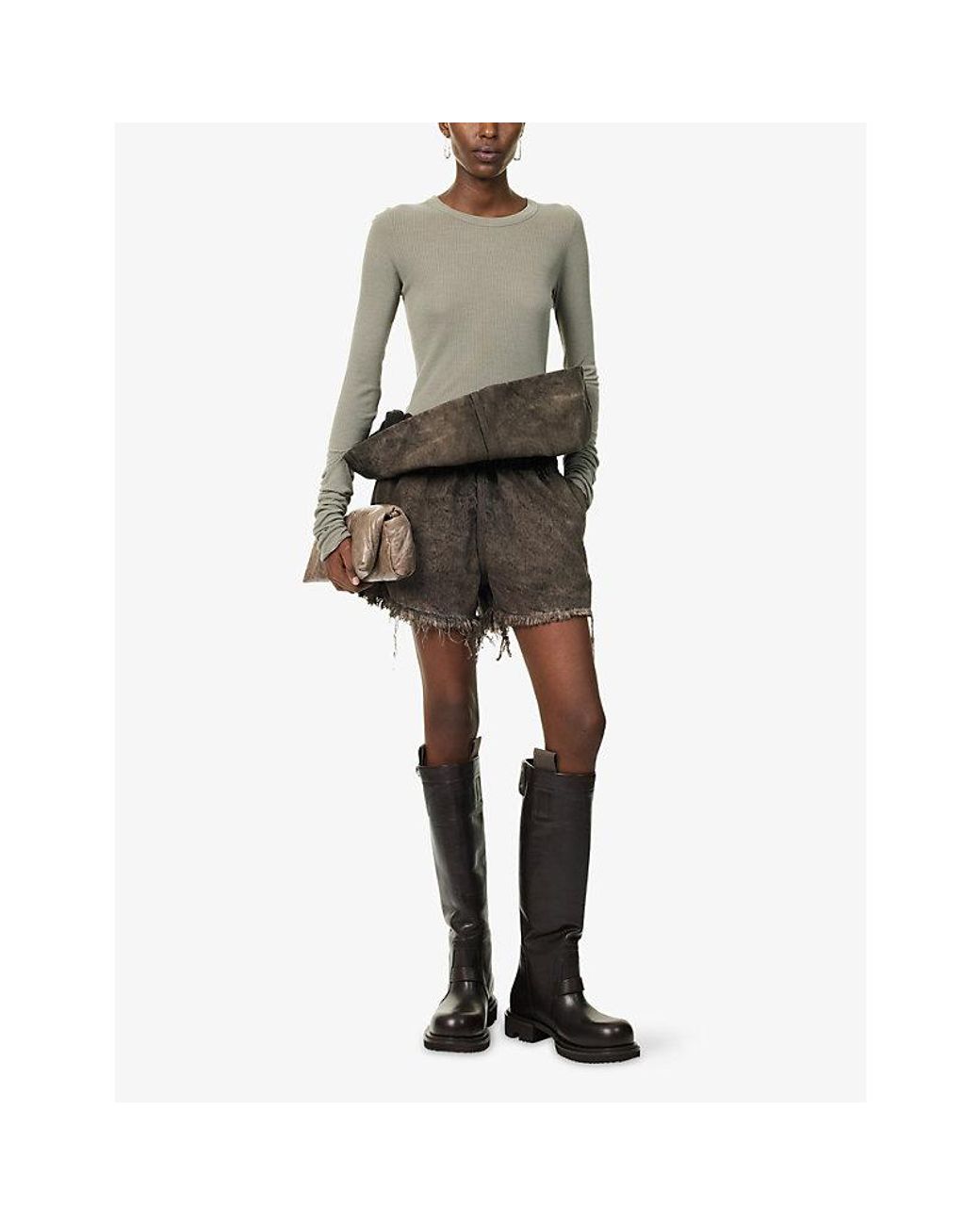 Rick Owens Brown Crater Frayed Denim Shorts
