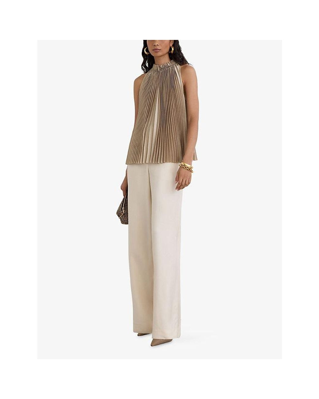 Reiss Natural Kali Pleated High-Neck Stretch-Woven Top