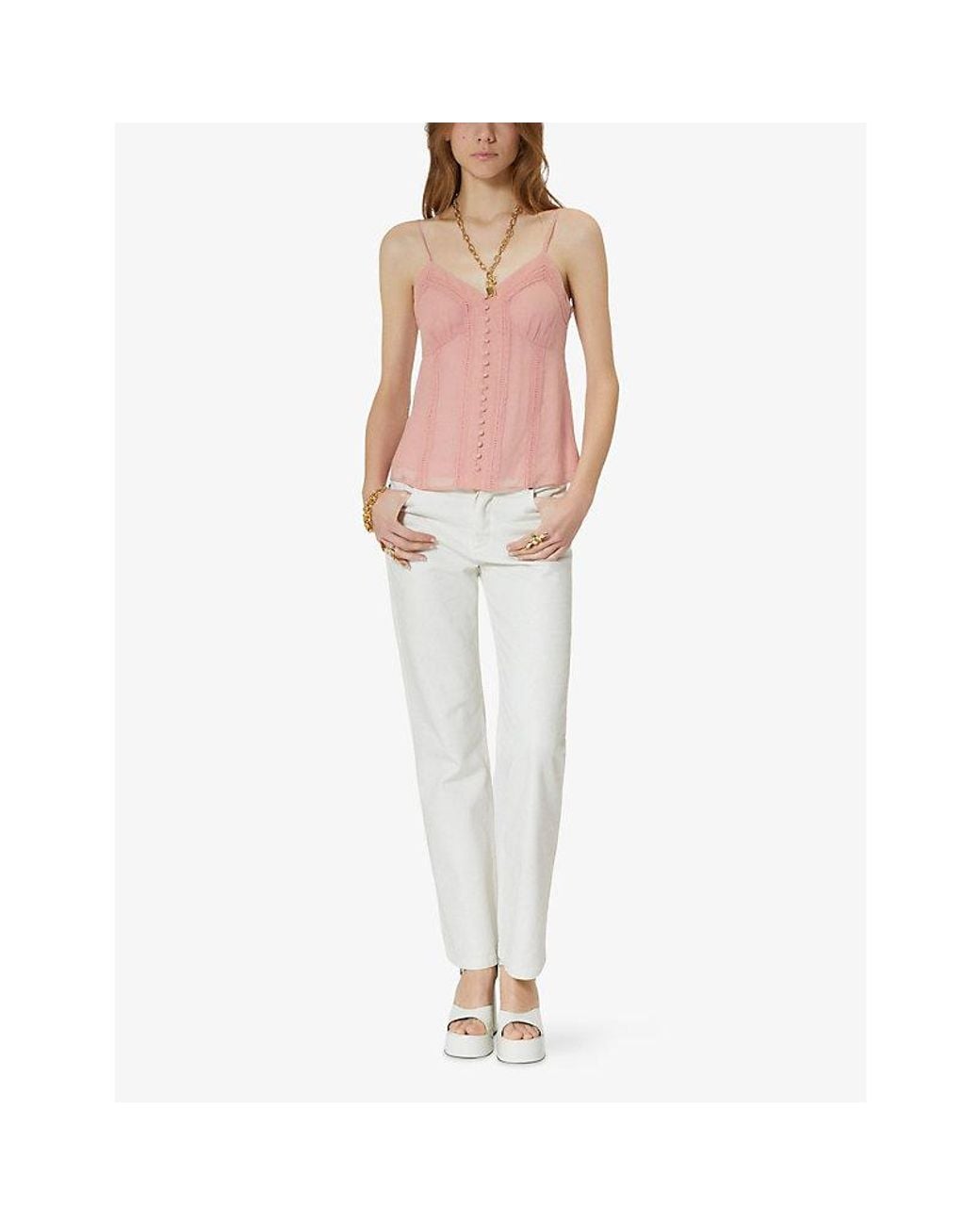 The Kooples Pink Embroidered V-Neck Woven Cami Top