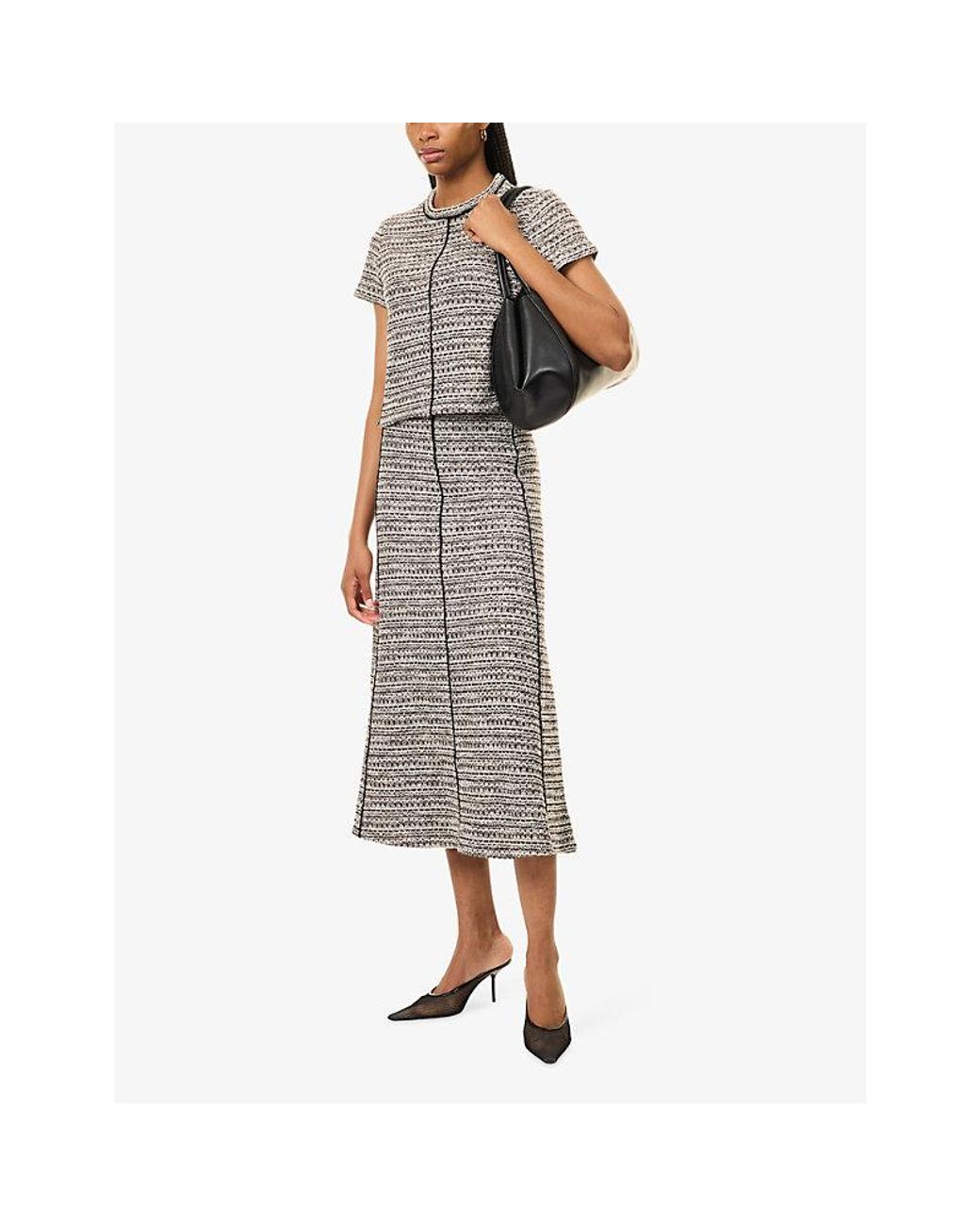 ME+EM Gray Soft Tweed Cotton-Blend Midi Skirt