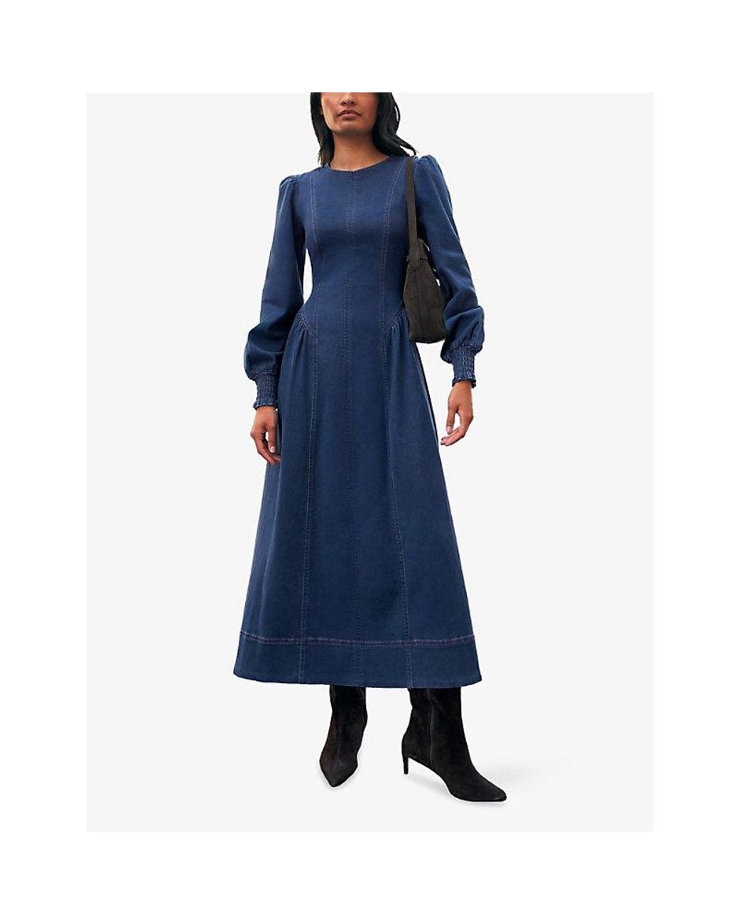 Ro&zo Blue Gathered Long-Sleeve Stretch-Denim Midi Dress