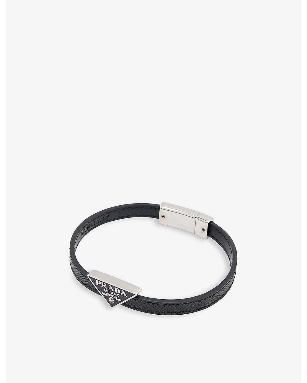 Prada Silver-toned Brand-plaque Leather Bracelet in Metallic for