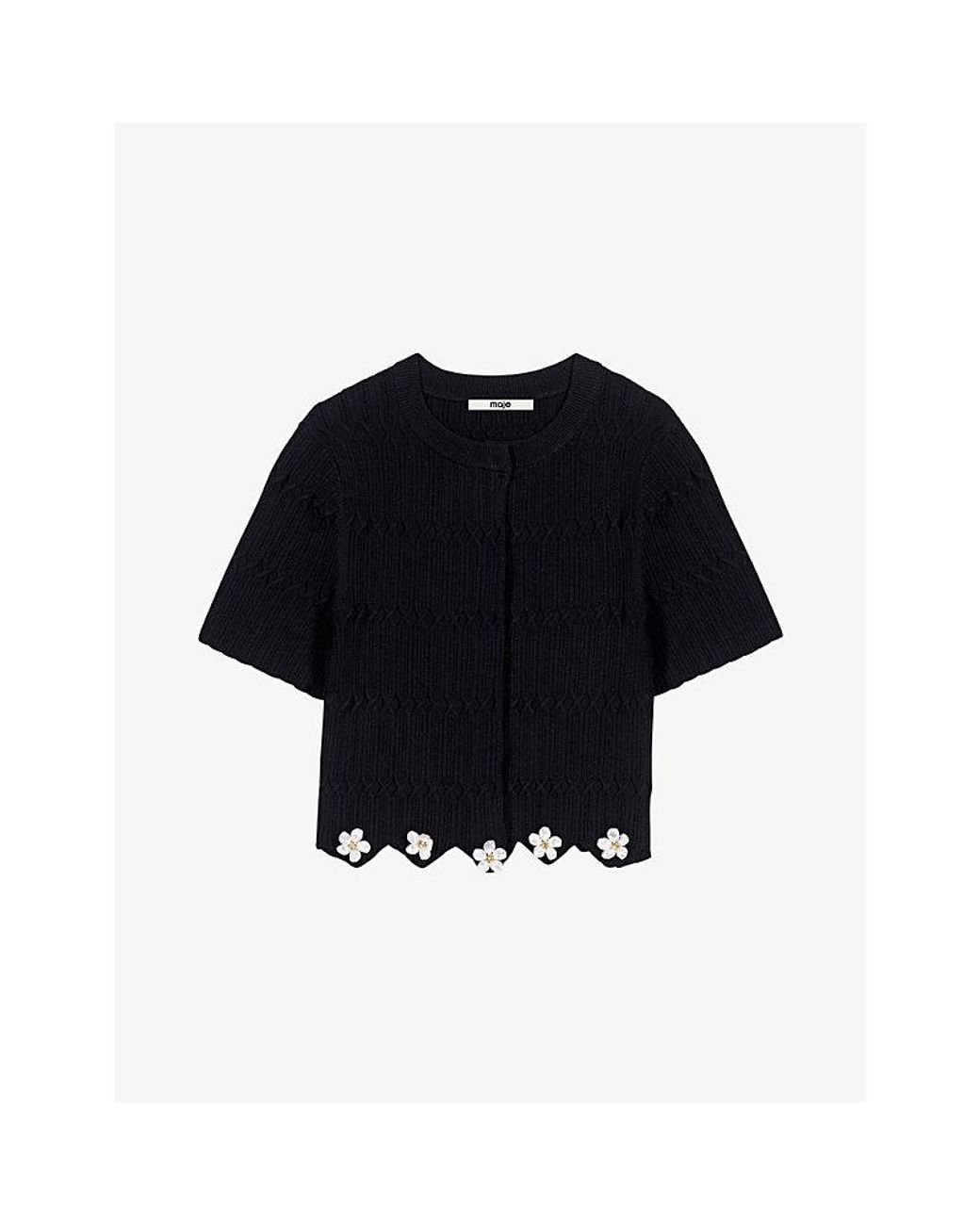 Maje Black Cropped Jewelled-Button Knitted Cardigan