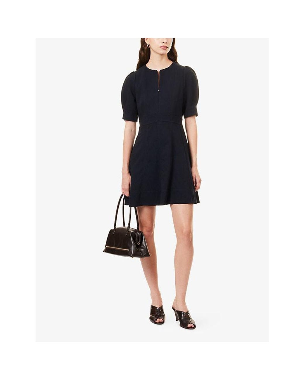 ME+EM Blue Puff-Sleeve Fit-And-Flare Woven Mini Dress