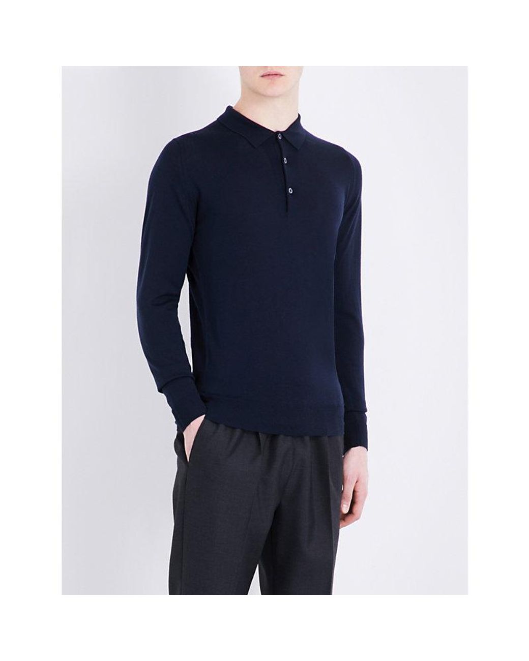 John Smedley Blue Belper Knitted Polo Jumper for men