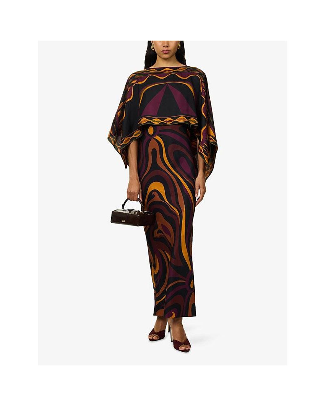 Emilio Pucci Red Marmo Print Cape Silk Maxi Dress