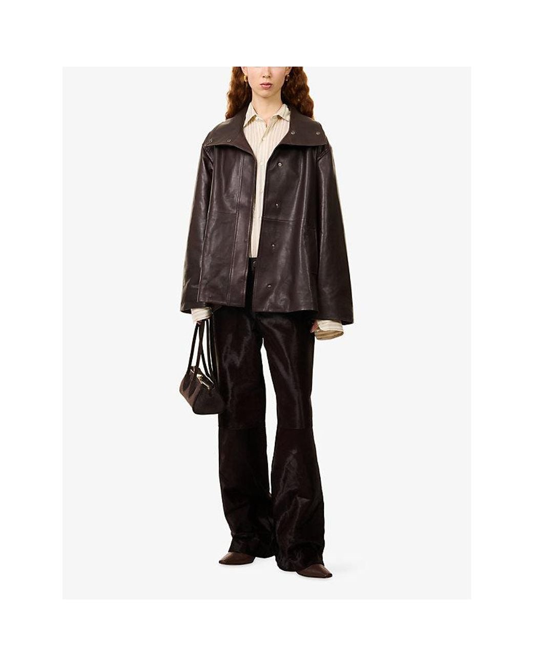 Nour Hammour Brown Lowen High-Neck Leather Jacket