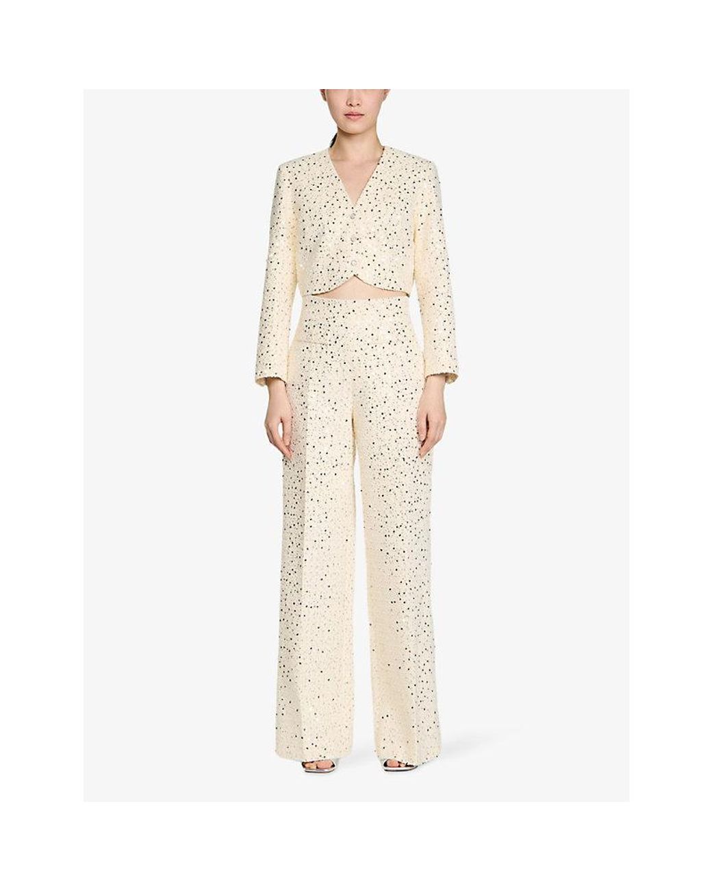 Sandro Natural Geometric Sequin-Embellished Cotton-Blend Trousers