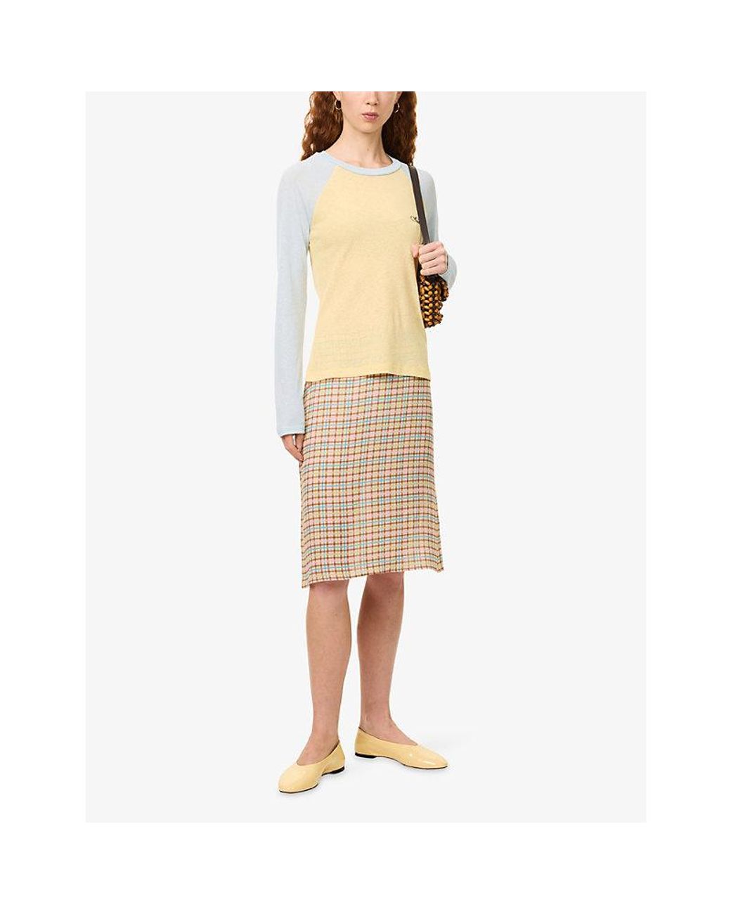 Siedres Natural Colette Check-Print Chiffon Midi Skirt