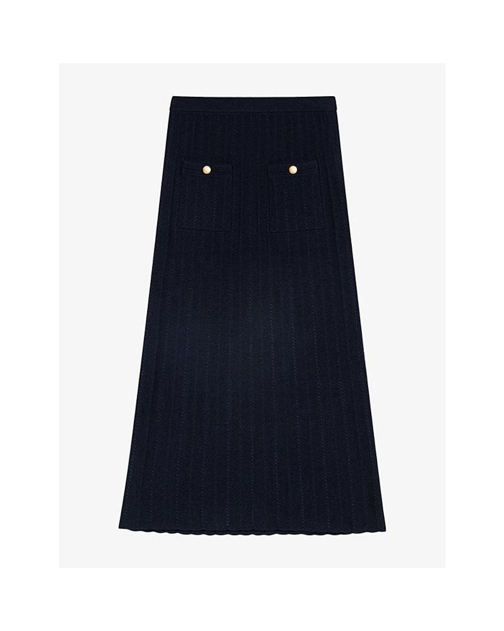 Maje Blue Button-Embellished High-Waist Knitted Midi Skirt