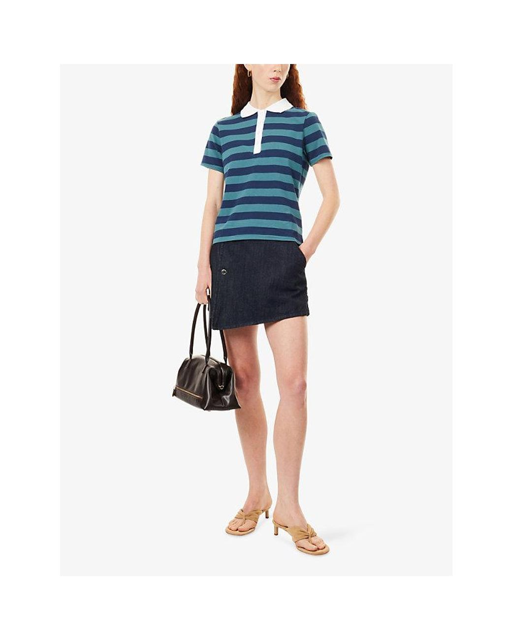 GOOD AMERICAN Blue The Easy Striped Cotton Polo T-Shirt