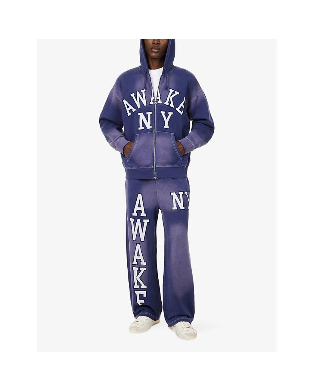 AWAKE NY Blue Logo-Embroidery Faded Zip-Through Cotton-Jersey Hoody for men